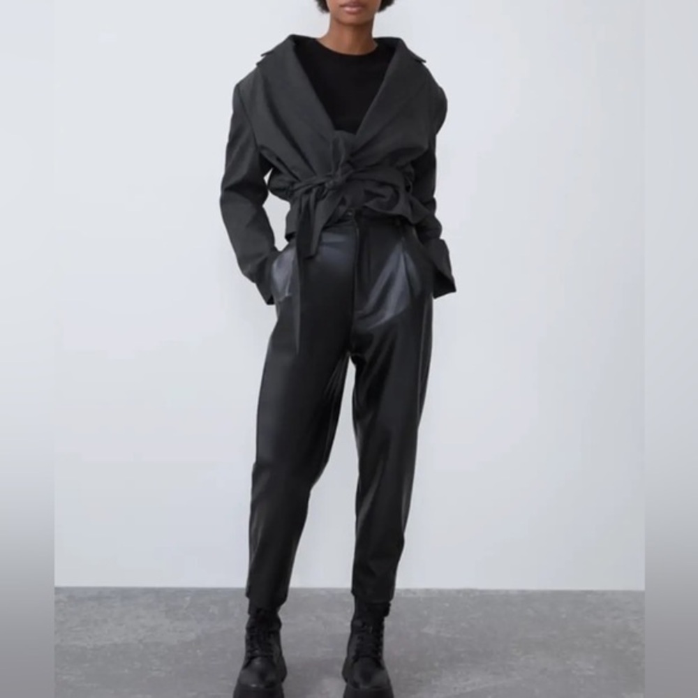 Zara Black Faux Leather High-Waist Tapered Pants